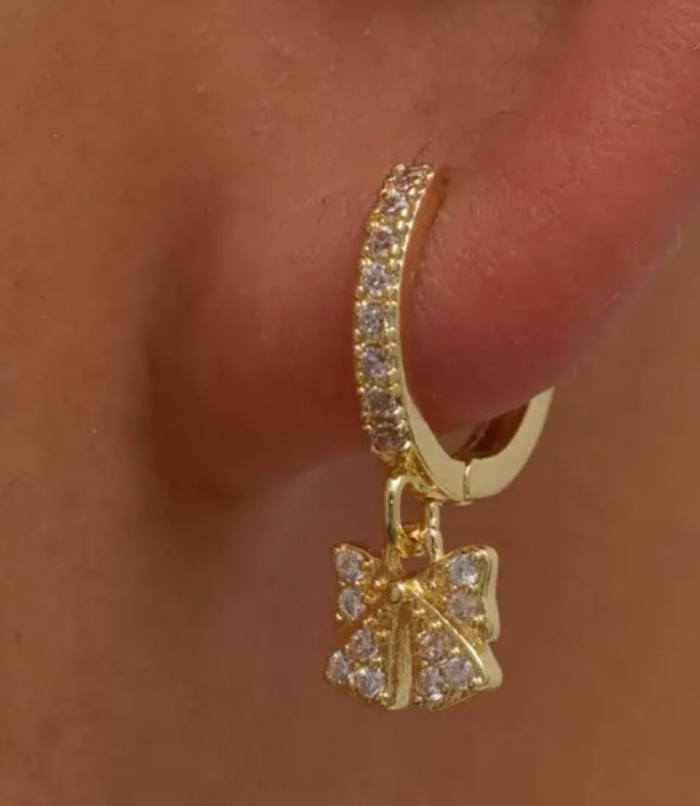 Gold Plated Cubic Zircon Inlay Bow Design Teeny Huggie Style Hoop Dangle Drop Earrings