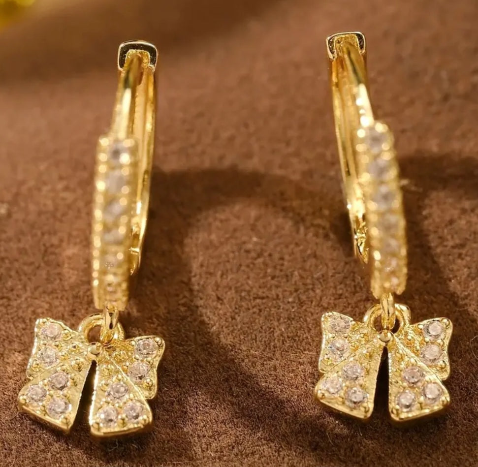 Gold Plated Cubic Zircon Inlay Bow Design Teeny Huggie Style Hoop Dangle Drop Earrings