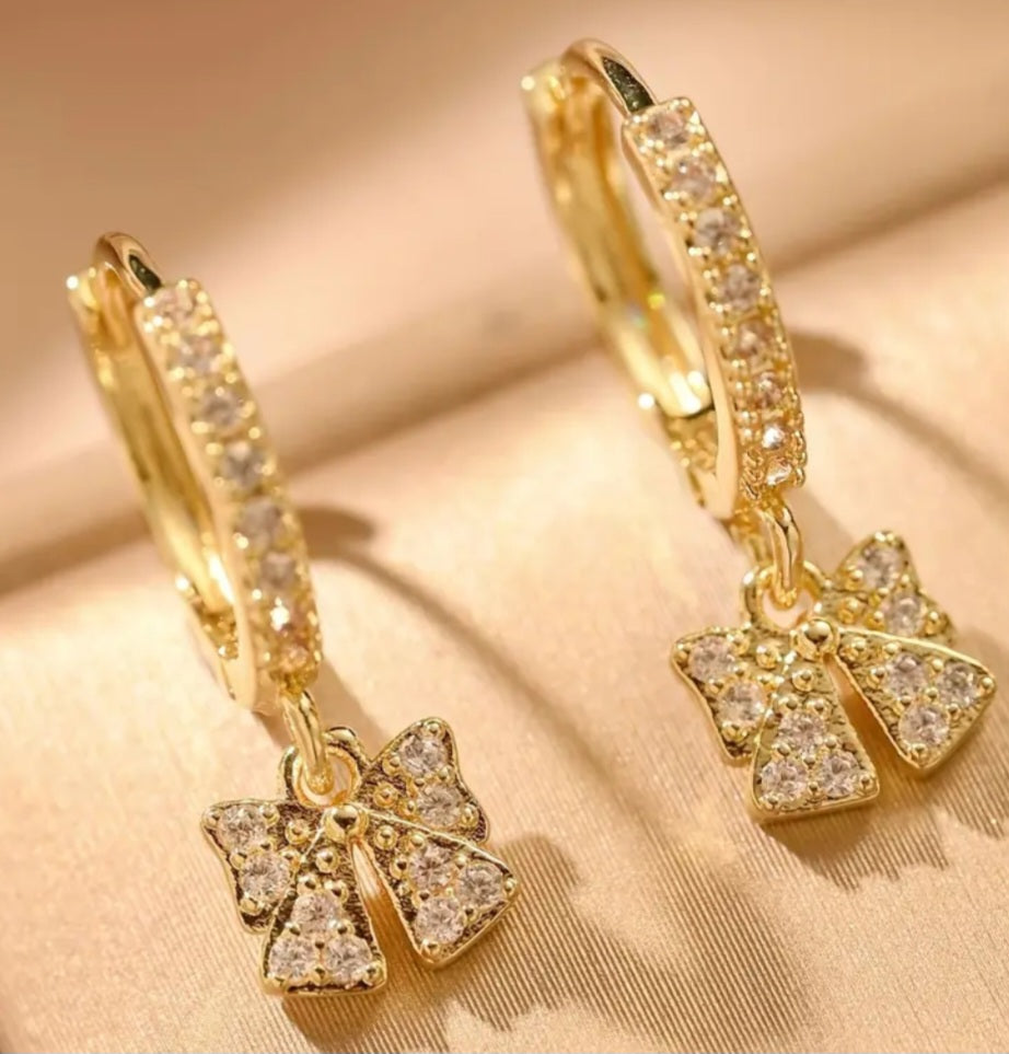 Gold Plated Cubic Zircon Inlay Bow Design Teeny Huggie Style Hoop Dangle Drop Earrings