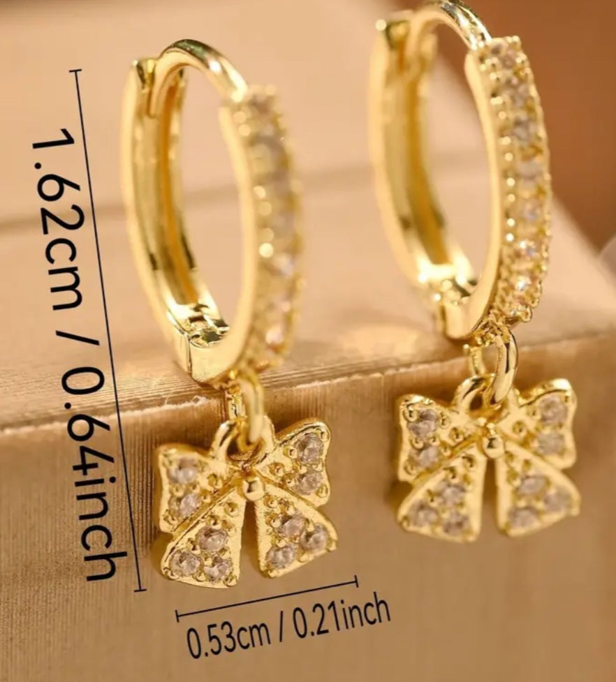 Gold Plated Cubic Zircon Inlay Bow Design Teeny Huggie Style Hoop Dangle Drop Earrings