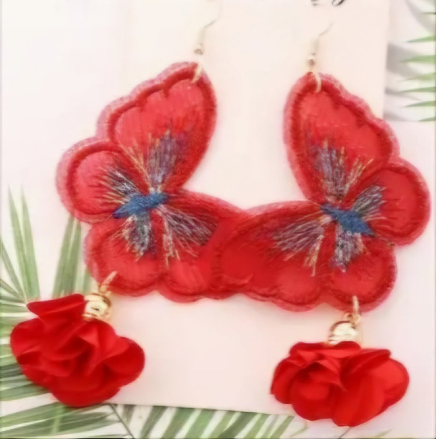 Boho Embroidered Red Butterfly Lace Design With Floral Flower Drops Large Dangle Earrings