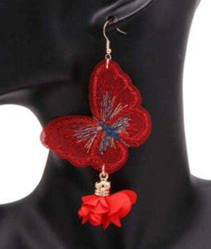 Boho Embroidered Red Butterfly Lace Design With Floral Flower Drops Large Dangle Earrings