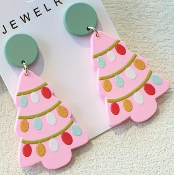 Acrylic Christmas Tree Design Festive Pastel Pink Large Drop Dangle Earrings