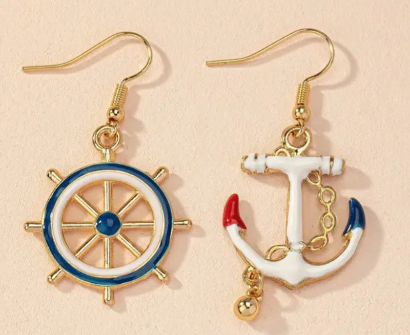 Enamel Anchor Ship Wheel Nautical Metal Gold Plated Drop Dangle Earrings
