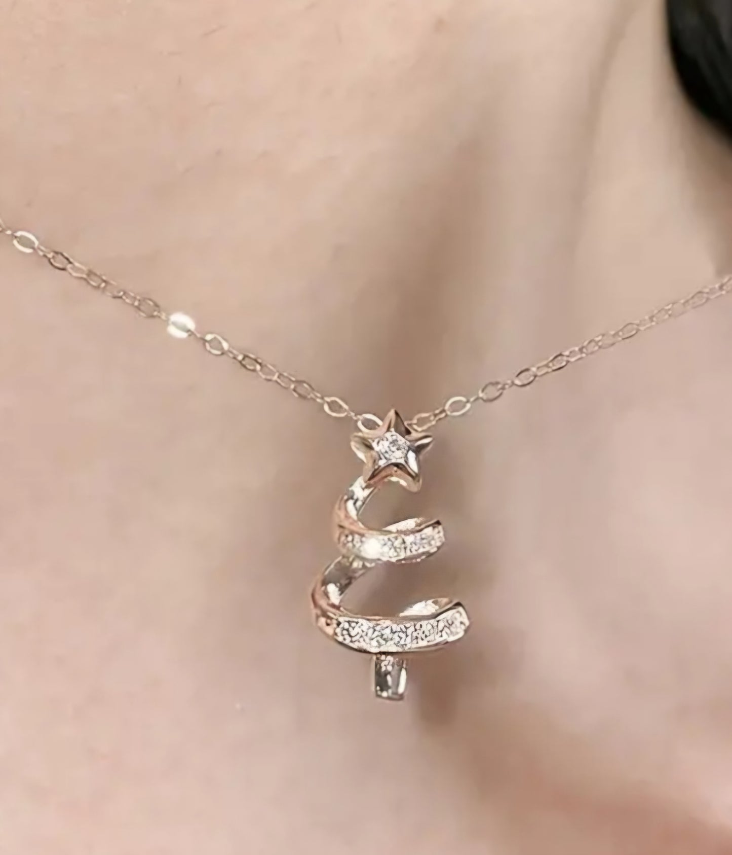 Dainty Festive Small Spiral Swirl Christmas Tree Design Rose Gold Plated Rhinestone Inlay Necklace
