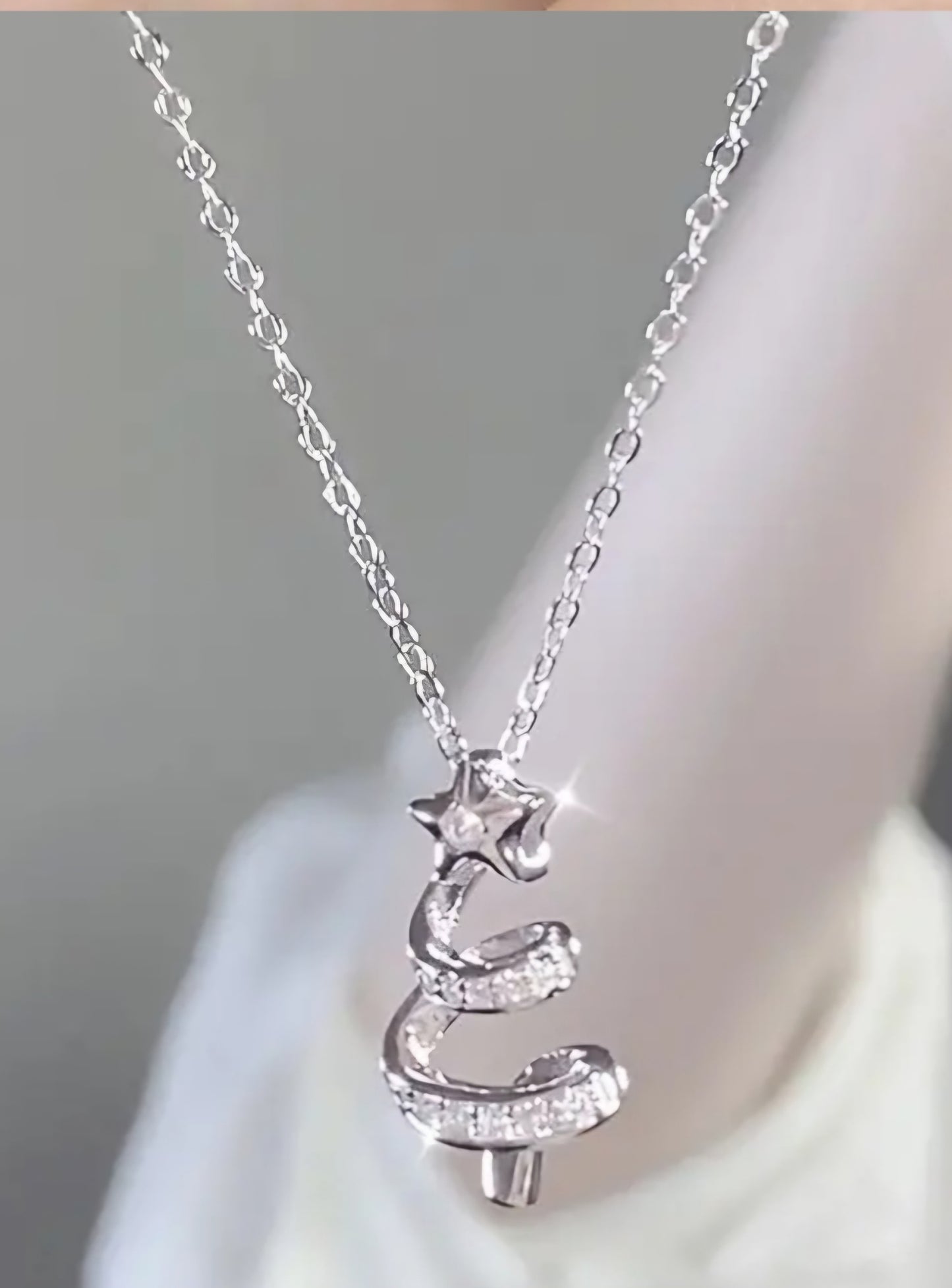 Dainty Festive Small Spiral Swirl Christmas Tree Design Silver Plated Rhinestone Inlay Necklace