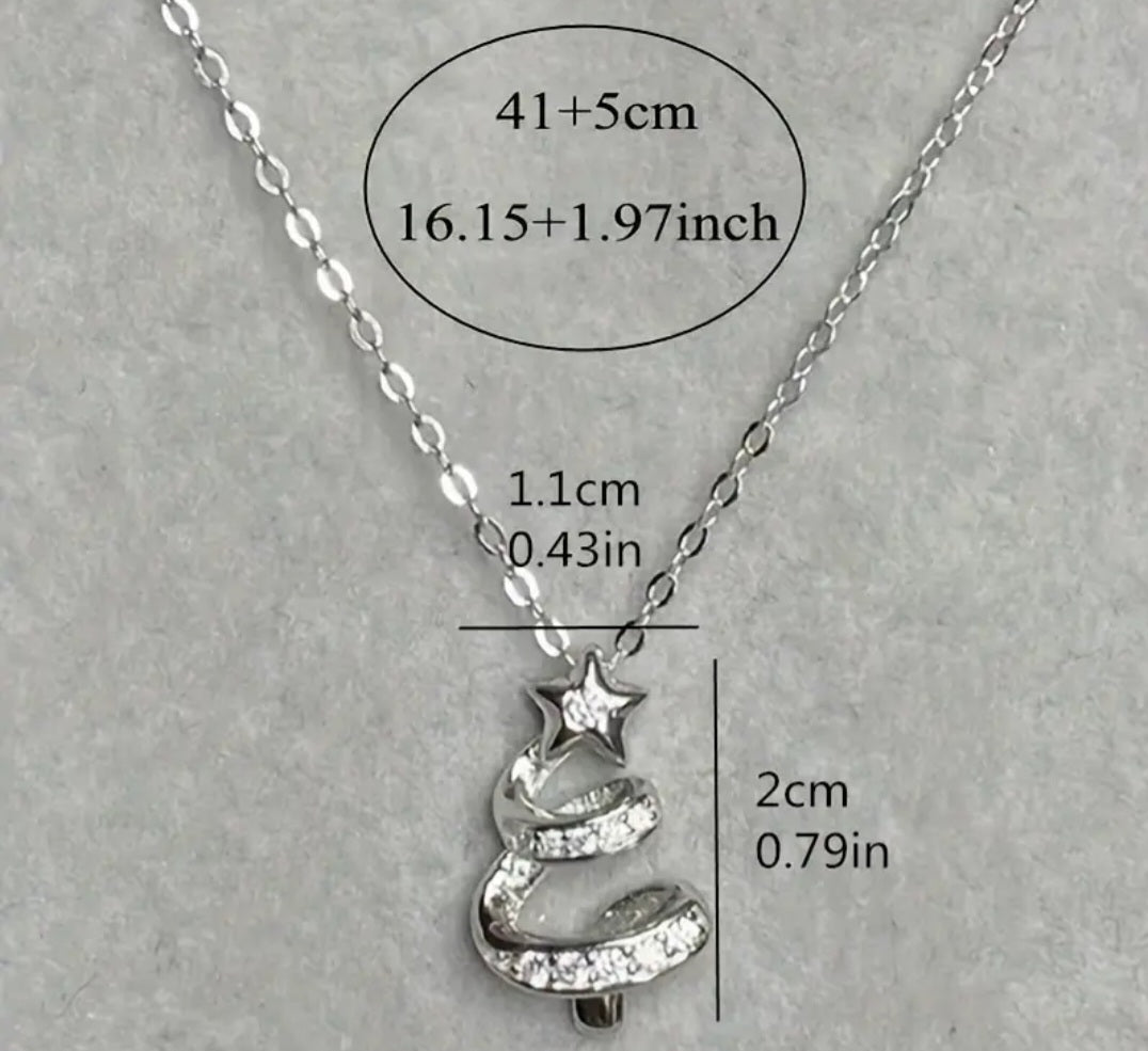 Dainty Festive Small Spiral Swirl Christmas Tree Design Silver Plated Rhinestone Inlay Necklace