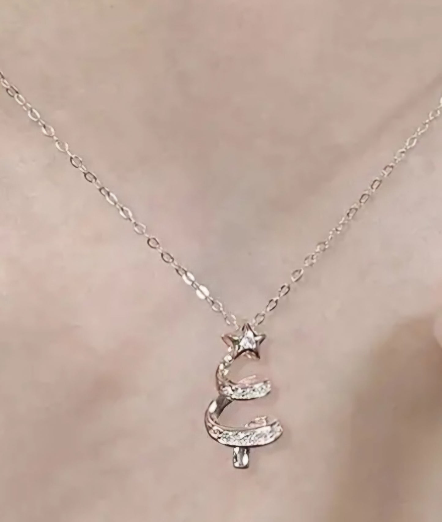Dainty Festive Small Spiral Swirl Christmas Tree Design Rose Gold Plated Rhinestone Inlay Necklace