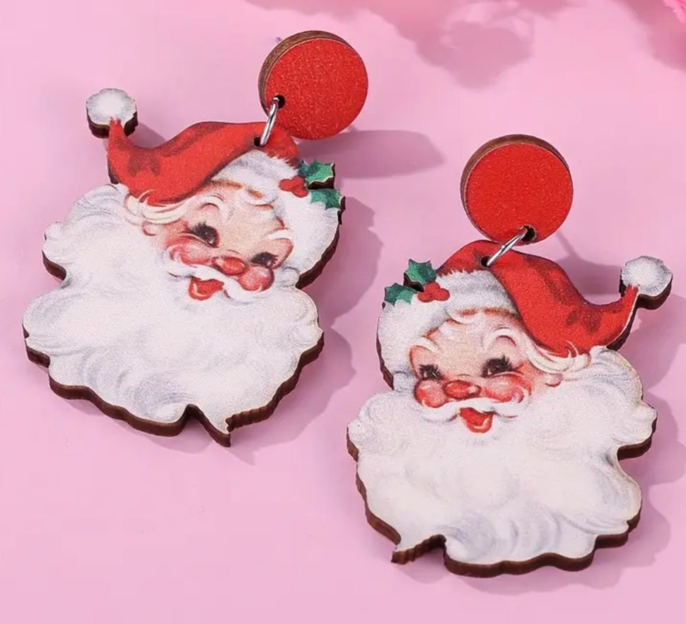 Cartoon Festive Father Christmas Jolly Retro Vintage Design Santa Red Wooden Large Drop Dangle Earrings
