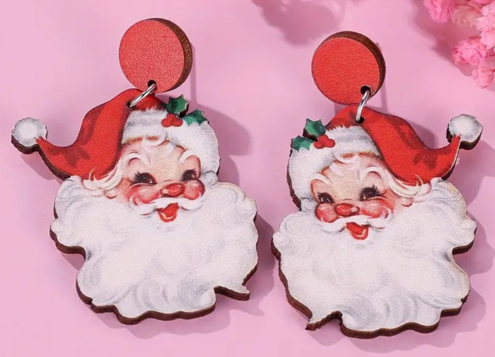 Cartoon Festive Father Christmas Jolly Retro Vintage Design Santa Red Wooden Large Drop Dangle Earrings