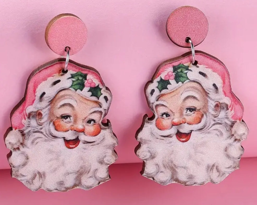 Cartoon Festive Father Christmas Jolly Retro Vintage Design Santa Pink Wooden Large Drop Dangle Earrings