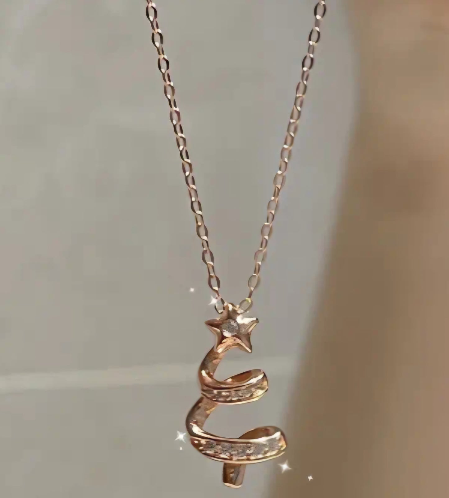 Dainty Festive Small Spiral Swirl Christmas Tree Design Rose Gold Plated Rhinestone Inlay Necklace