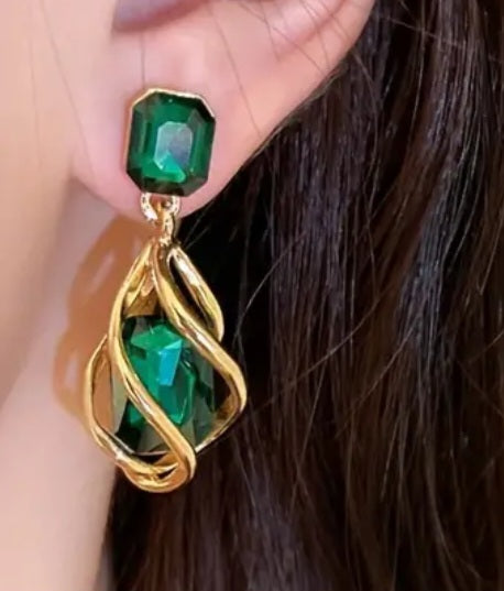 Emerald Green Jewel Gold Plated Large Tear-Drop Swirl Cage Drop Dangle Earrings