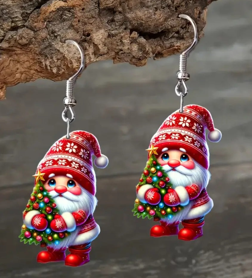 Acrylic Christmas Cartoon Festive Santa Holding Tree Design Small Drop Dangle Earrings