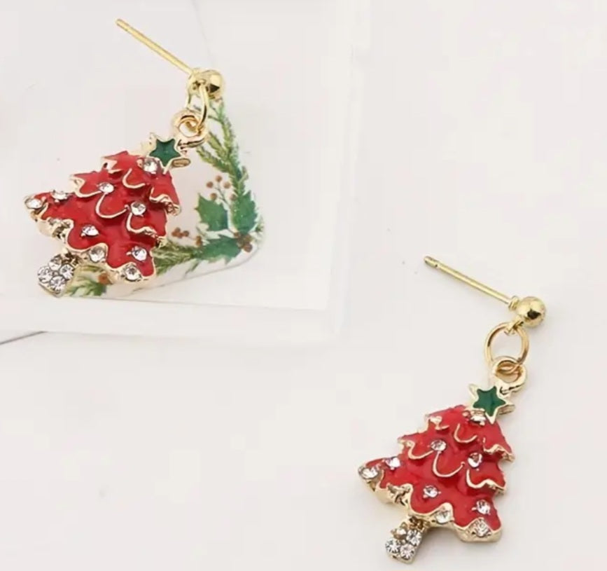 Christmas Tree Festive Red Enamel Painted Rhinestone Inlay Gold Plated Drop Dangle Earrings