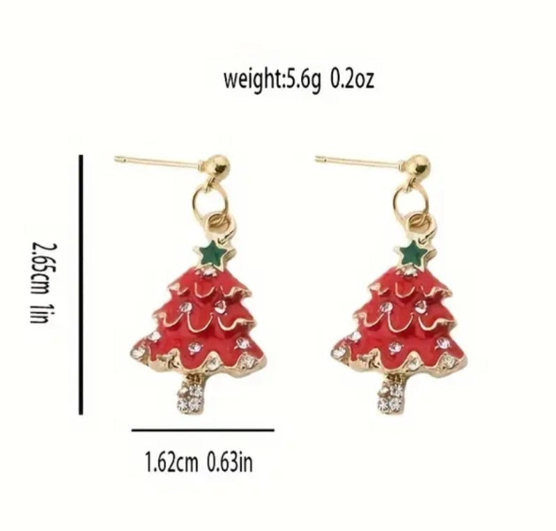 Christmas Tree Festive Red Enamel Painted Rhinestone Inlay Gold Plated Drop Dangle Earrings