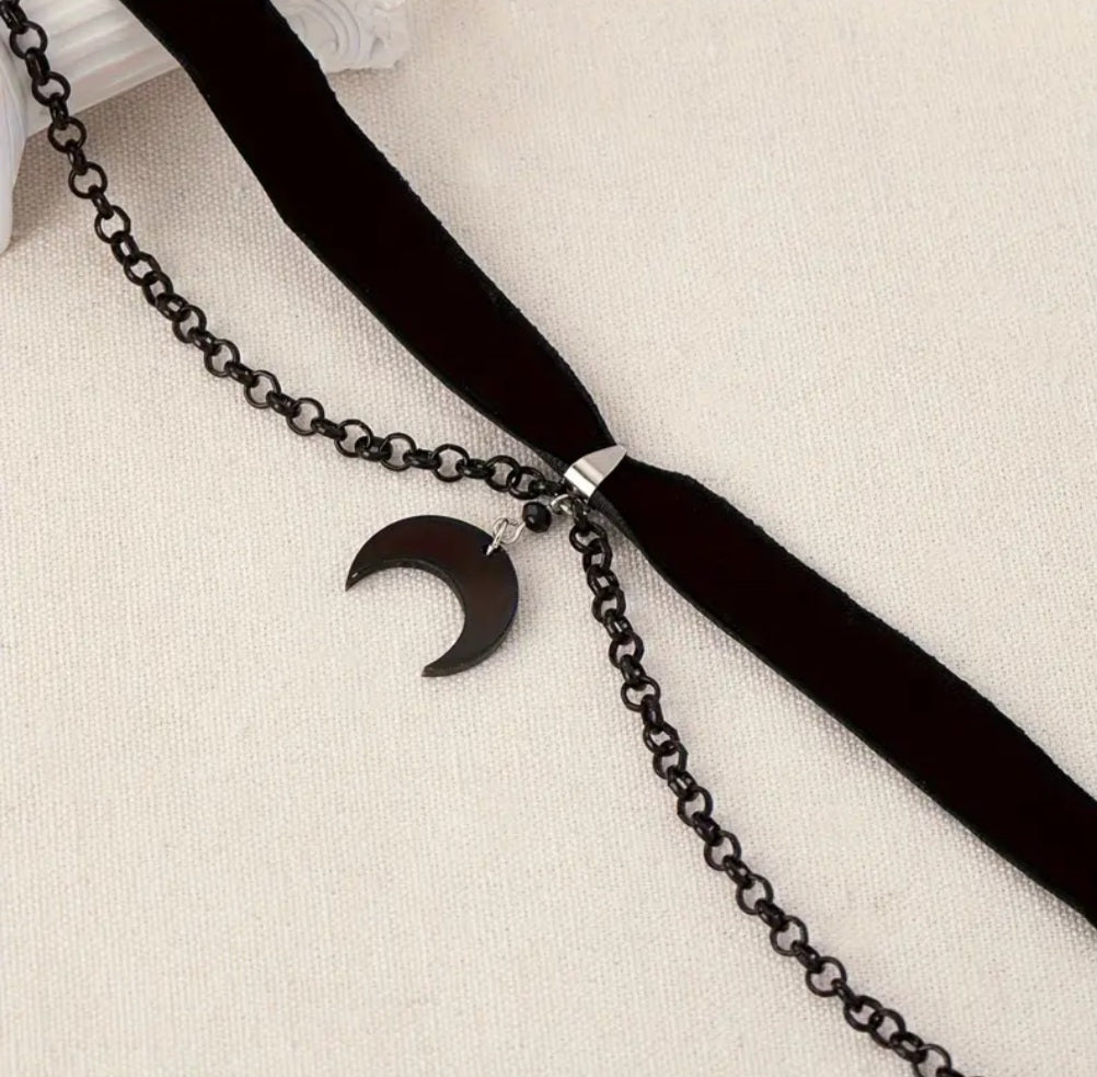 Cresent Moon Gothic Black Velvet Metal Chain Double Chocker Necklace