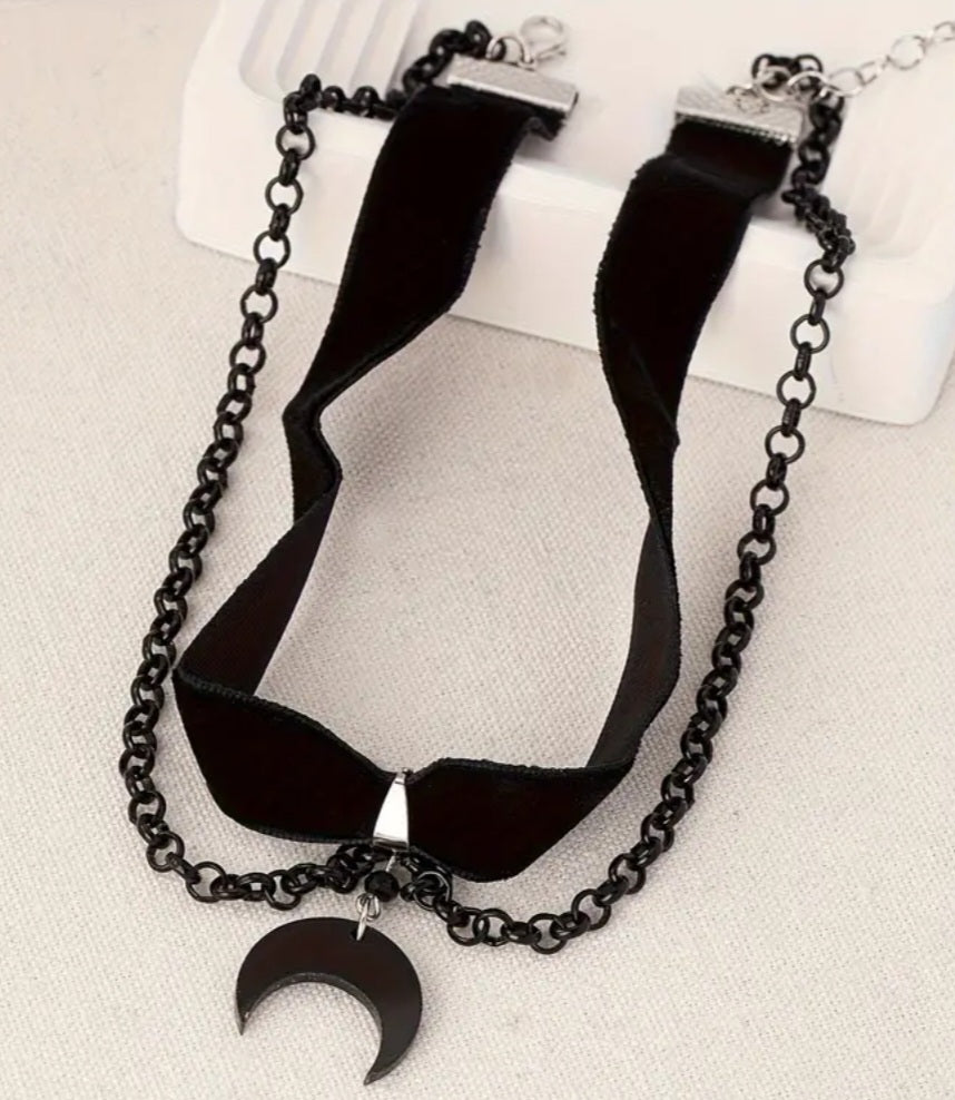 Cresent Moon Gothic Black Velvet Metal Chain Double Chocker Necklace