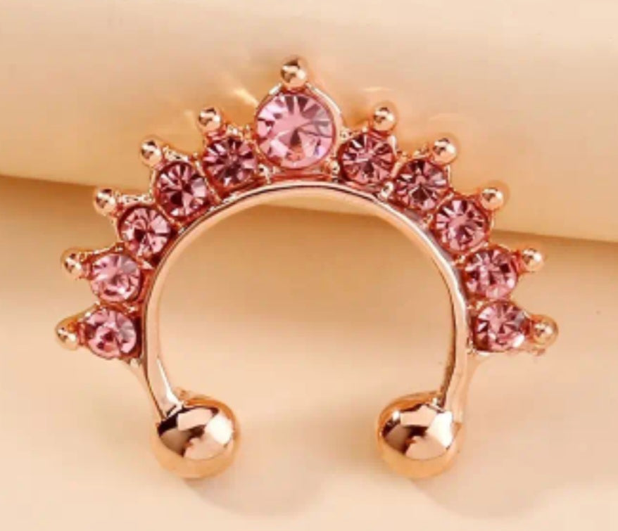 Ear Cuff Faux Piercing Septum Nose Ring Gold Plated Pink Rhinestone Scallop Design