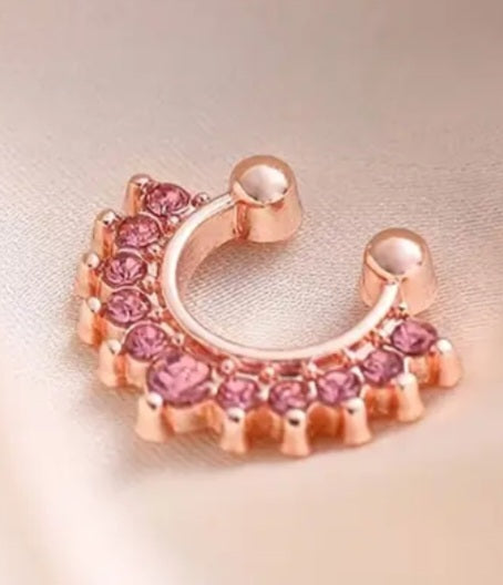 Ear Cuff Faux Piercing Septum Nose Ring Gold Plated Pink Rhinestone Scallop Design