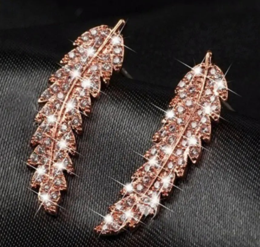 Bling Rose Gold Plated Cubic Zircon Leaf Feather Design Lightweight Ear Climber/Long Drop Stud Earrings Can Be Worn Both Ways
