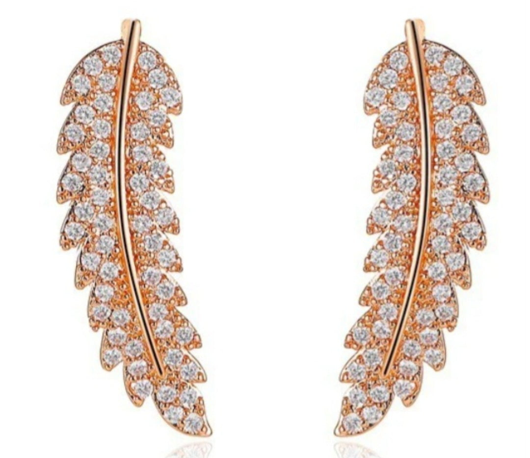 Bling Rose Gold Plated Cubic Zircon Leaf Feather Design Lightweight Ear Climber/Long Drop Stud Earrings Can Be Worn Both Ways