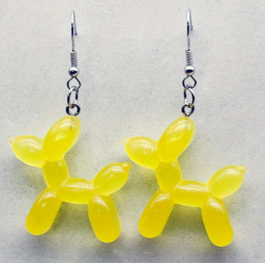 Acrylic Balloon Dog Transparent Lemon Yellow Iconic Design Drop Dangle Earrings
