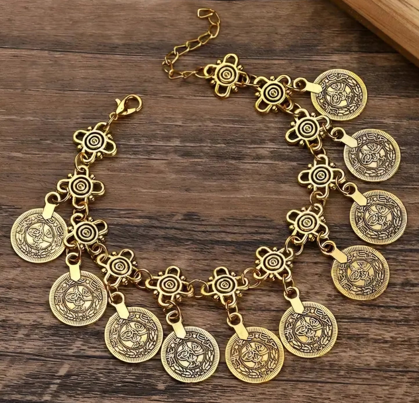 Antique Gold Tone Boho Old Coin Design Tassle Ornate Alloy Metal Charm Bracelet