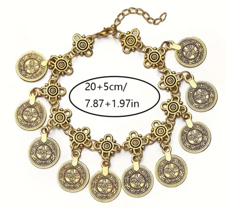 Antique Gold Tone Boho Old Coin Design Tassle Ornate Alloy Metal Charm Bracelet