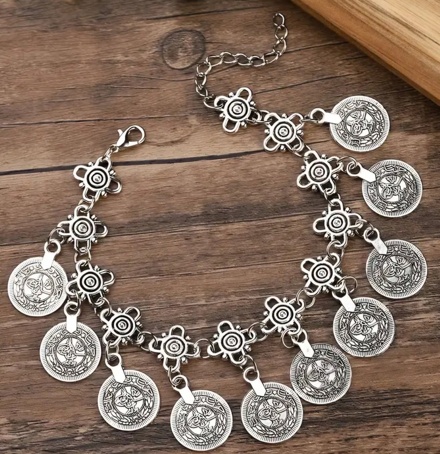 Antique Silver Tone Boho Old Coin Design Tassle Ornate Alloy Metal Charm Bracelet