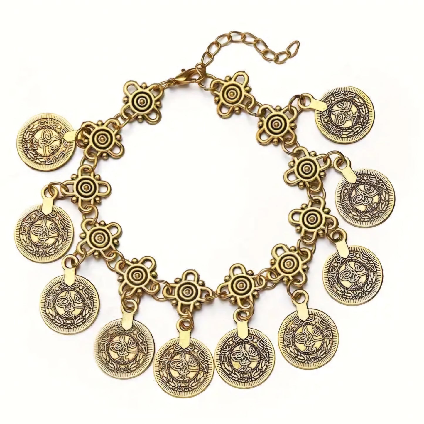 Antique Gold Tone Boho Old Coin Design Tassle Ornate Alloy Metal Charm Bracelet