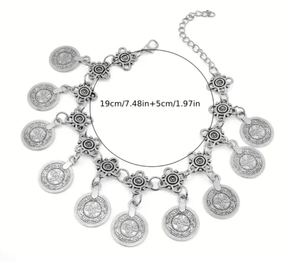 Antique Silver Tone Boho Old Coin Design Tassle Ornate Alloy Metal Charm Bracelet