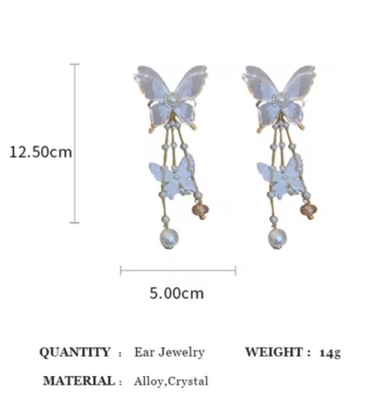 Butterfly Crystal Faux Pearl Delicate Lace Butterflies Gold Plated Chain Tassles Extra Long Dangle Drop Earrings