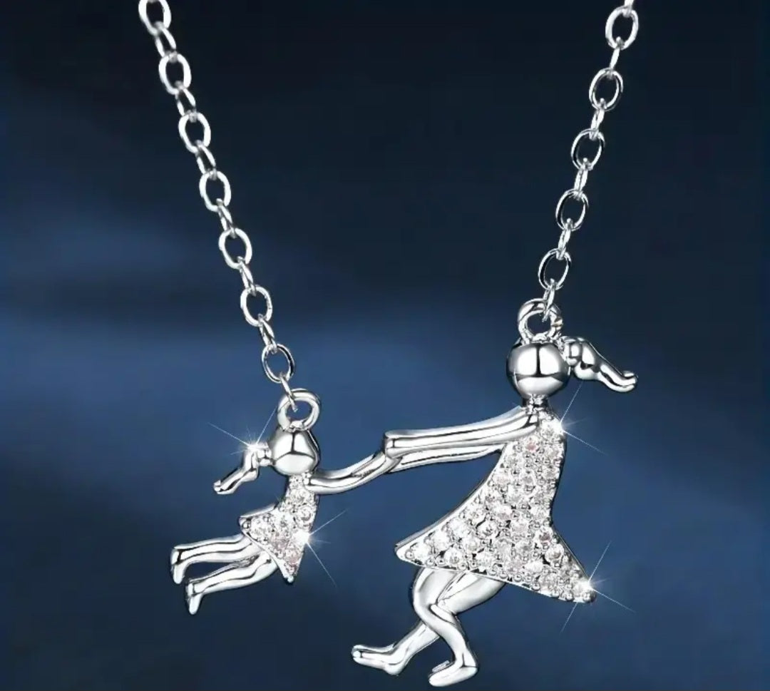 Dainty Fine Daughter Holding Hands Mother Rhinestone Inlay Silver Plated Pendant Necklace