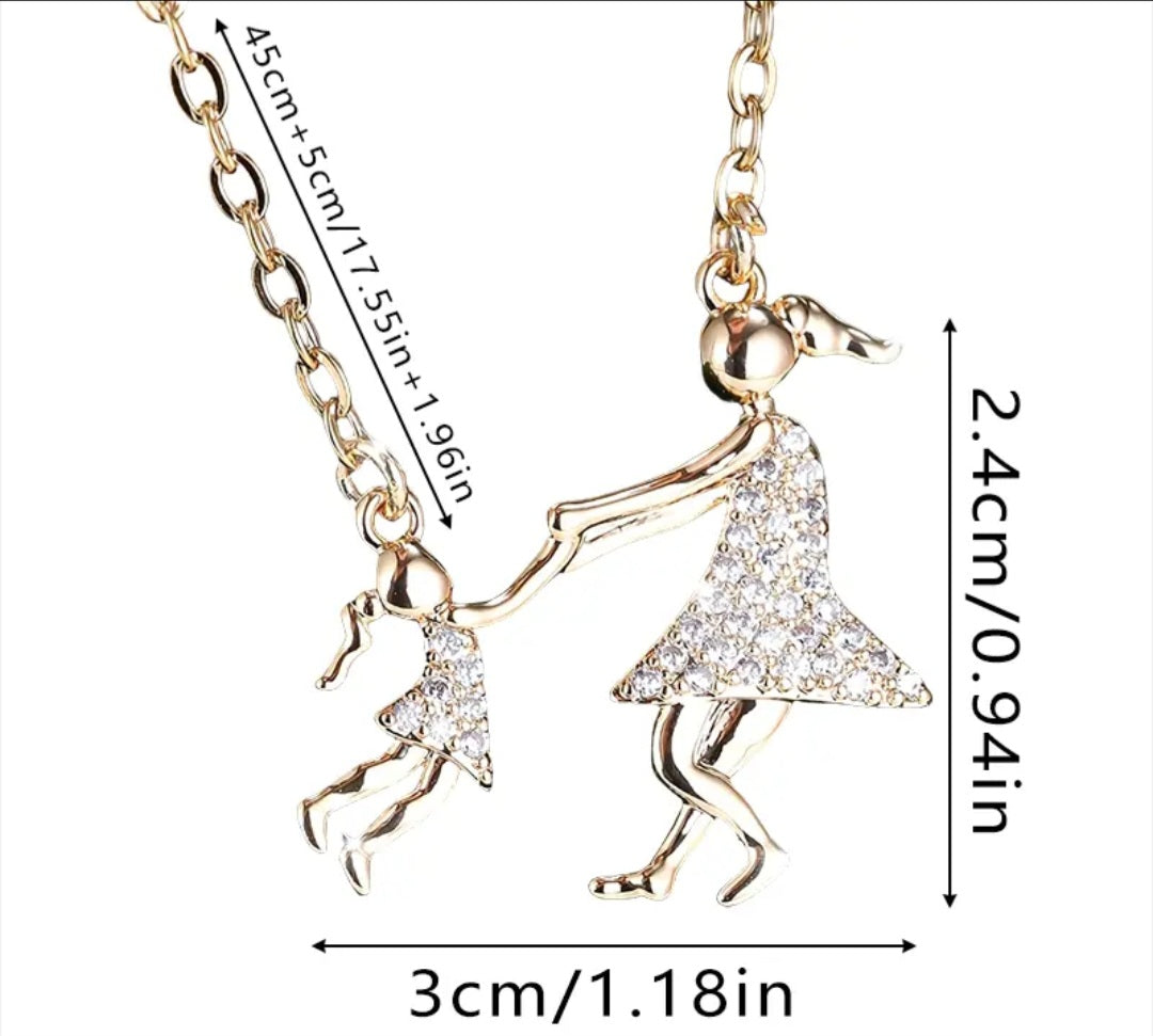 Dainty Fine Daughter Holding Hands Mother Rhinestone Inlay Silver Plated Pendant Necklace