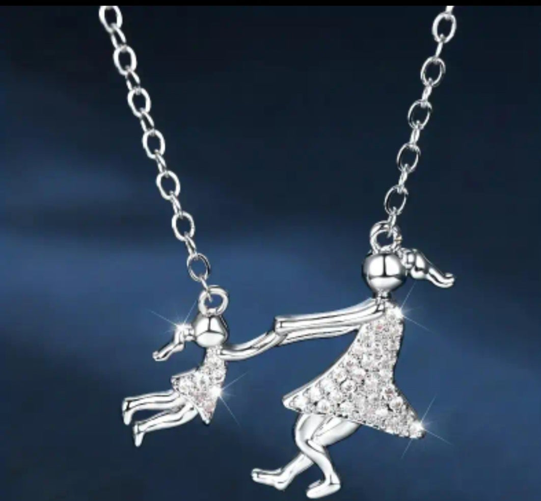 Dainty Fine Daughter Holding Hands Mother Rhinestone Inlay Silver Plated Pendant Necklace