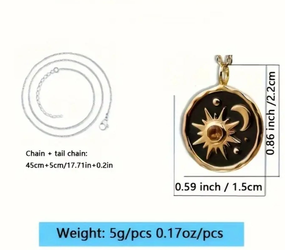 Cresent Moon Stars Sun Design Rhinestone Enamel Gold Plated Pendant Necklace