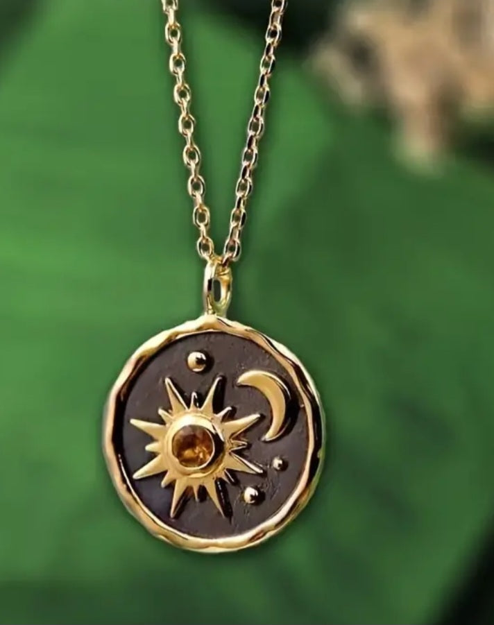 Cresent Moon Stars Sun Design Rhinestone Enamel Gold Plated Pendant Necklace