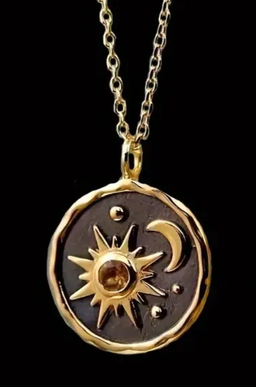 Cresent Moon Stars Sun Design Rhinestone Enamel Gold Plated Pendant Necklace