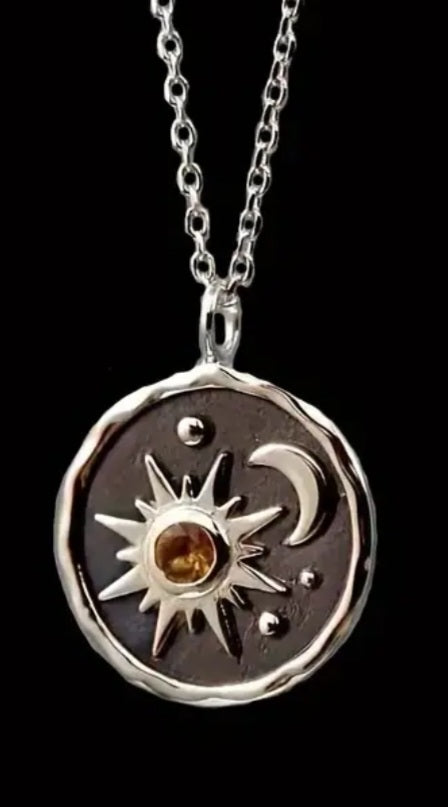 Cresent Moon Stars Sun Design Rhinestone Enamel Silver Plated Pendant Necklace
