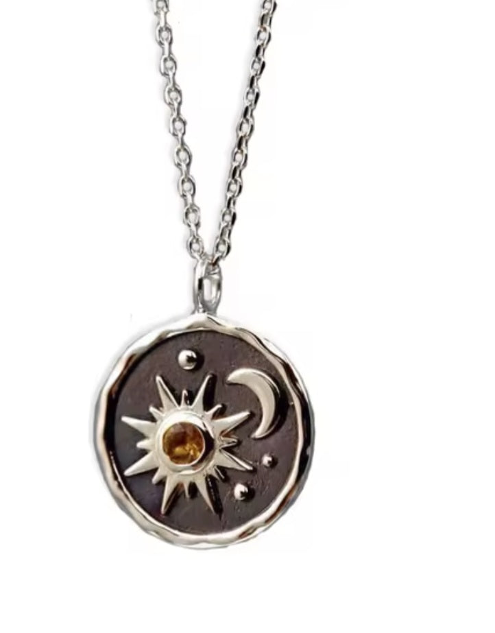 Cresent Moon Stars Sun Design Rhinestone Enamel Silver Plated Pendant Necklace