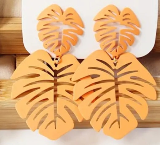 Colourful Double Palm Leaf Tropical VayCay Enamel Painted Orange Large Iron Metal Drop Dangle Earrings