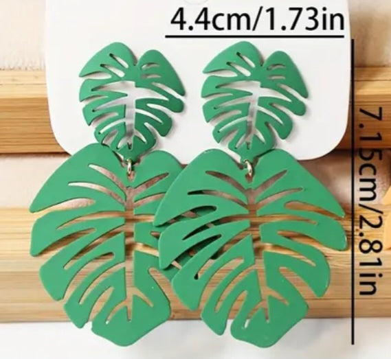 Colourful Double Palm Leaf Tropical VayCay Enamel Painted Green Large Iron Metal Drop Dangle Earrings