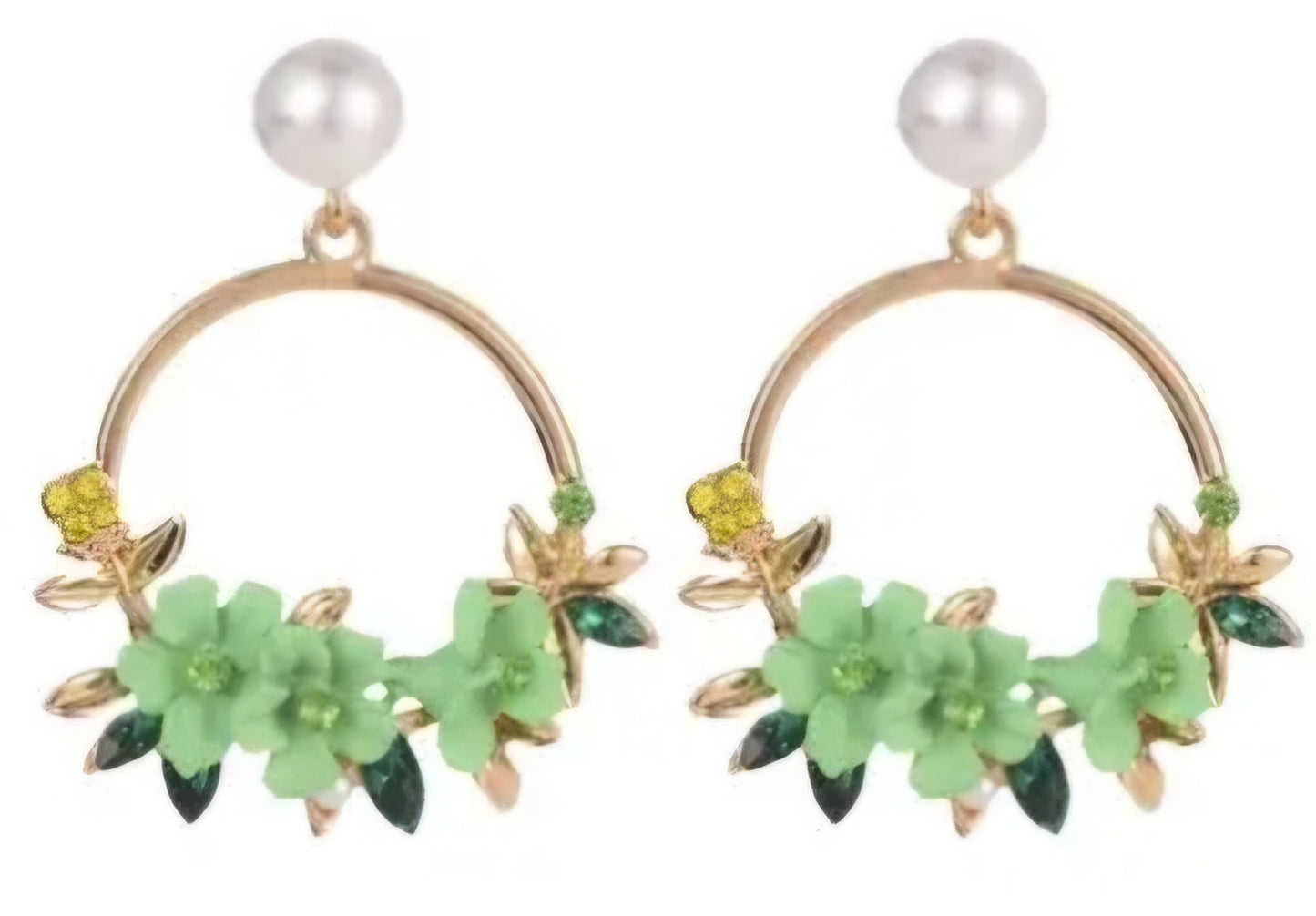 Floral Flower Basket Circle Green Blooms Ring Gold Plated Faux Pearl Rhinestone Drop Earrings
