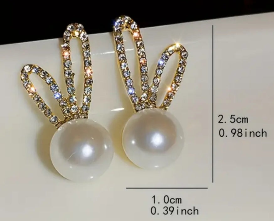 Easter Bling Faux Pearl Rhinestone Inlay Bunny Rabbit Stud Earrings