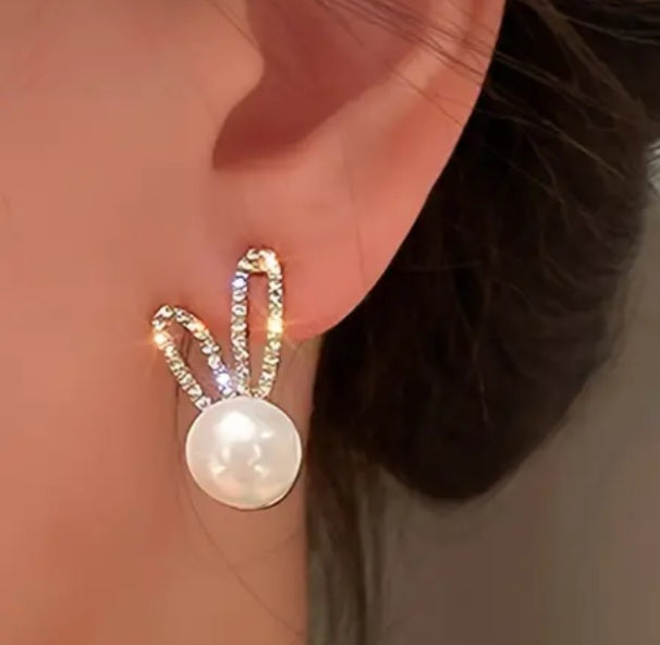 Easter Bling Faux Pearl Rhinestone Inlay Bunny Rabbit Stud Earrings
