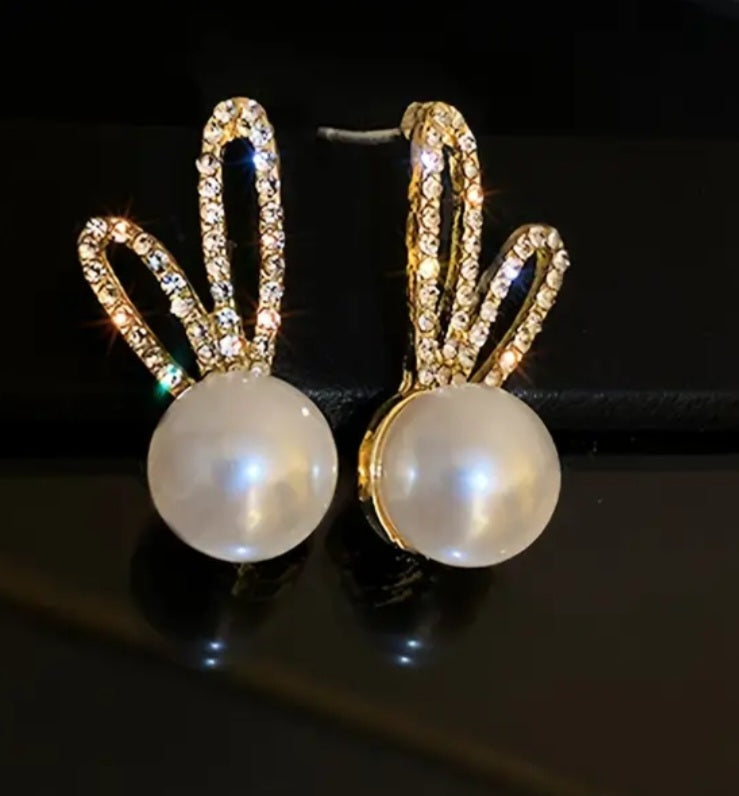 Easter Bling Faux Pearl Rhinestone Inlay Bunny Rabbit Stud Earrings