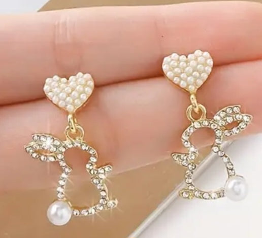 Easter Bling Heart Drop Faux Pearl Rhinestone Inlay Bunny Rabbit Dangle Earrings