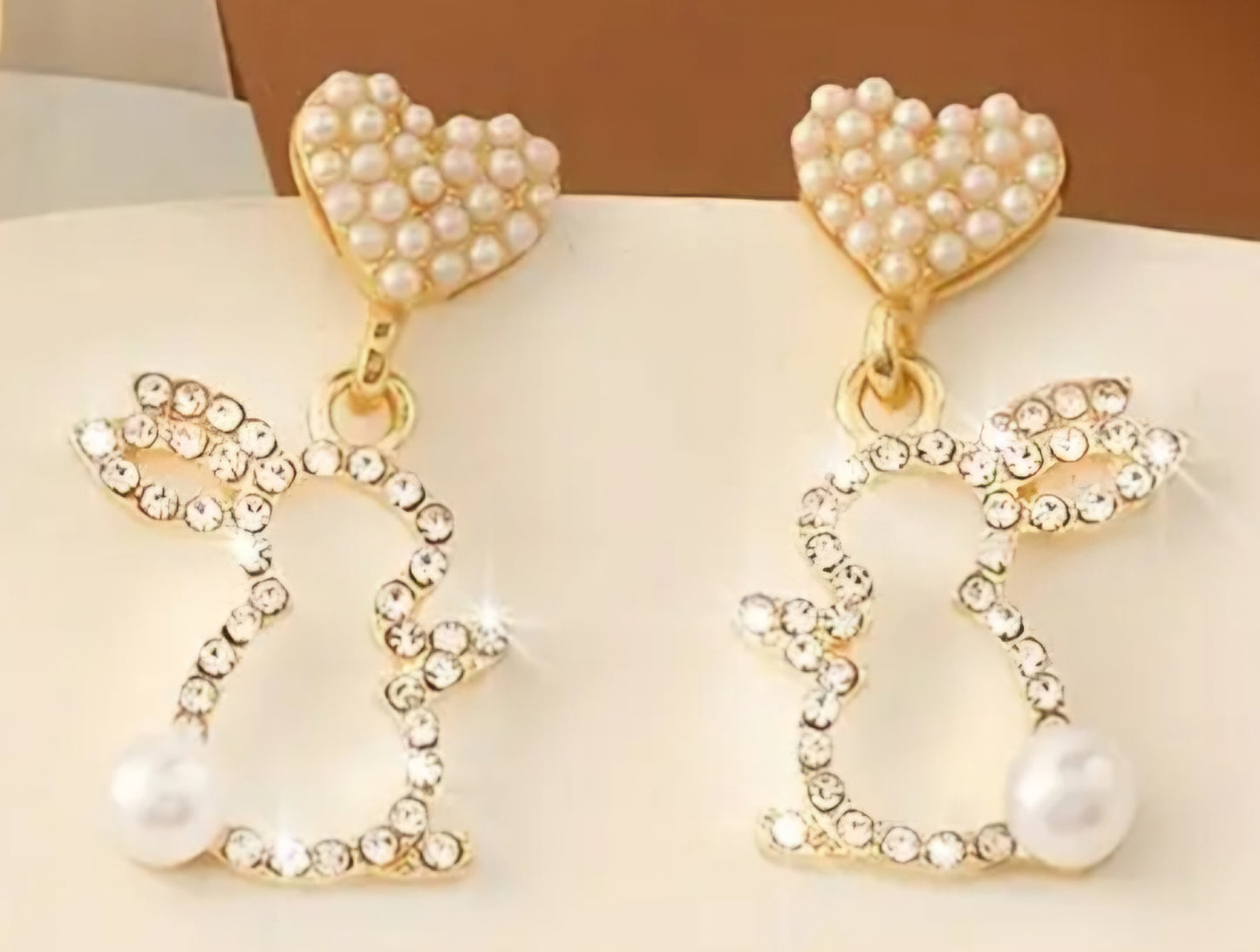Easter Bling Heart Drop Faux Pearl Rhinestone Inlay Bunny Rabbit Dangle Earrings