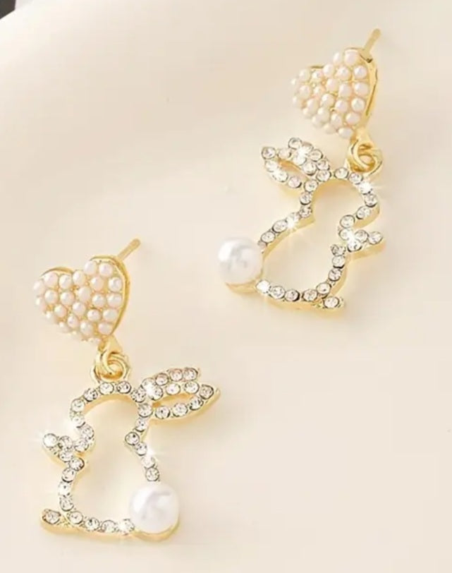 Easter Bling Heart Drop Faux Pearl Rhinestone Inlay Bunny Rabbit Dangle Earrings